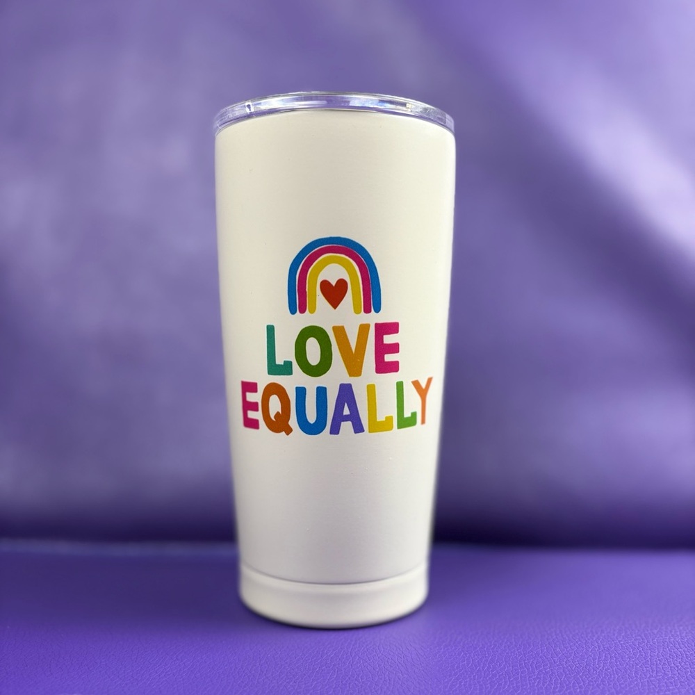 Pride Themed Love Equally White Travel Tumbler